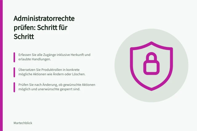 Administratorrechte prüfen: Schritt für Schritt: Erfassen Sie alle Zugänge inklusive Herkunft und erlaubte Handlungen.; Übersetzen Sie Produktrollen in konkrete mögliche Aktionen wie Ändern oder Löschen.; Prüfen Sie nach Änderung, ob gewünschte Aktionen möglich und unerwünschte gesperrt sind. Administratorrechte über Werkzeuge hinweg prüfen: Verfahren