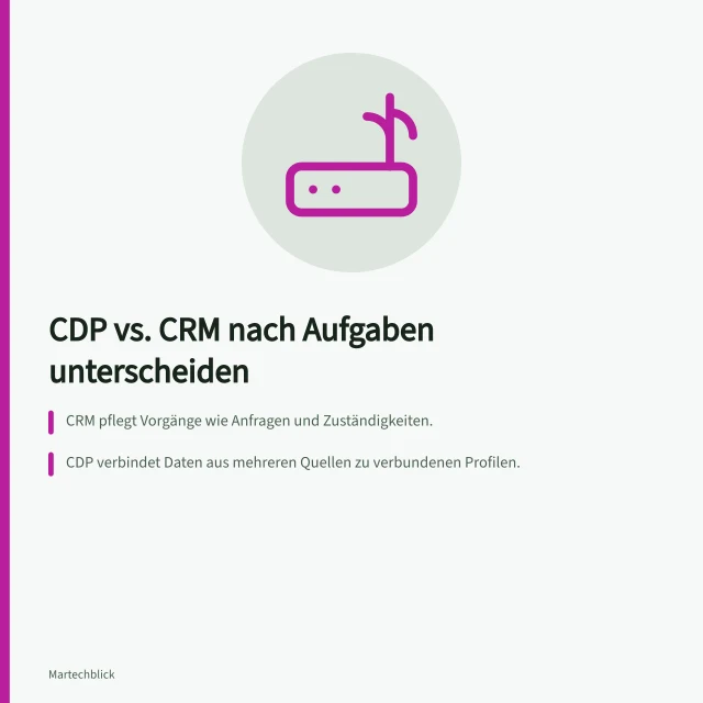 CDP vs. CRM nach Aufgaben unterscheiden: CRM pflegt Vorgänge wie Anfragen und Zuständigkeiten.; CDP verbindet Daten aus mehreren Quellen zu verbundenen Profilen.; Klare Zuordnung von Verantwortung und Datenfluss ist entscheidend. CDP und CRM nach Aufgaben unterscheiden