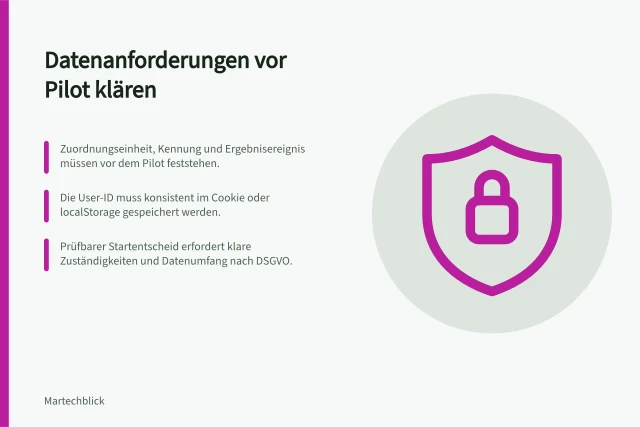 Datenanforderungen vor Pilot klären: Zuordnungseinheit, Kennung und Ergebnisereignis müssen vor dem Pilot feststehen.; Die User-ID muss konsistent im Cookie oder localStorage gespeichert werden.; Prüfbarer Startentscheid erfordert klare Zuständigkeiten und Datenumfang nach DSGVO. Datenanforderungen vor einem Pilotprojekt klären