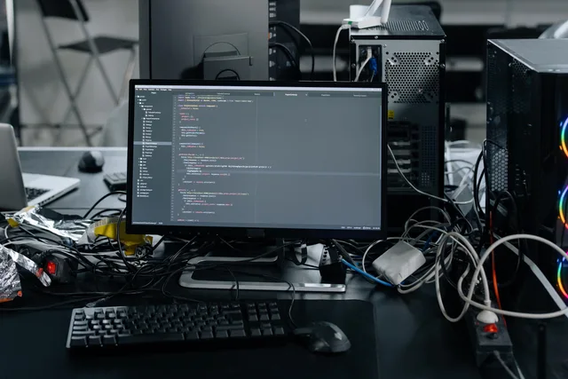 A cluttered workstation in an office featuring a monitor displaying code, surrounded by a keyboard, mouse, and wiring. Einrichtung und Schnittstellen in die Kosten aufnehmen