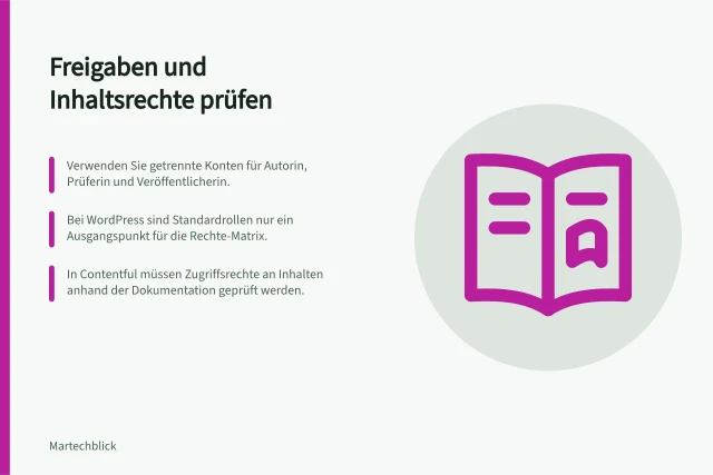 Freigaben und Inhaltsrechte prüfen: Verwenden Sie getrennte Konten für Autorin, Prüferin und Veröffentlicherin.; Bei WordPress sind Standardrollen nur ein Ausgangspunkt für die Rechte-Matrix.; In Contentful müssen Zugriffsrechte an Inhalten anhand der Dokumentation geprüft werden. Freigaben und Inhaltsrechte im Test prüfen