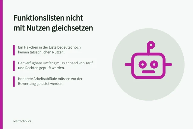 Funktionslisten nicht mit Nutzen gleichsetzen: Ein Häkchen in der Liste bedeutet noch keinen tatsächlichen Nutzen.; Der verfügbare Umfang muss anhand von Tarif und Rechten geprüft werden.; Konkrete Arbeitsabläufe müssen vor der Bewertung getestet werden. Funktionslisten nicht mit tatsächlichem Nutzen gleichsetzen
