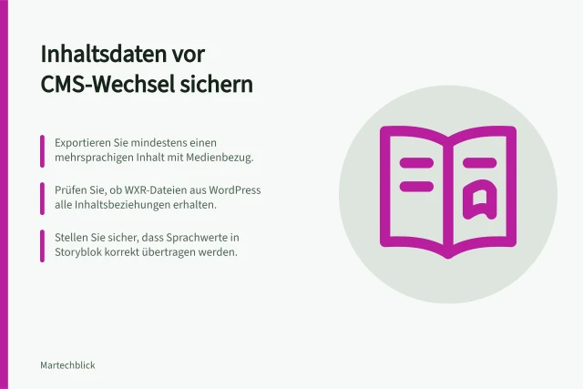 Inhaltsdaten vor CMS-Wechsel sichern: Exportieren Sie mindestens einen mehrsprachigen Inhalt mit Medienbezug.; Prüfen Sie, ob WXR-Dateien aus WordPress alle Inhaltsbeziehungen erhalten.; Stellen Sie sicher, dass Sprachwerte in Storyblok korrekt übertragen werden. Inhaltsdaten vor der Plattformwahl exportieren