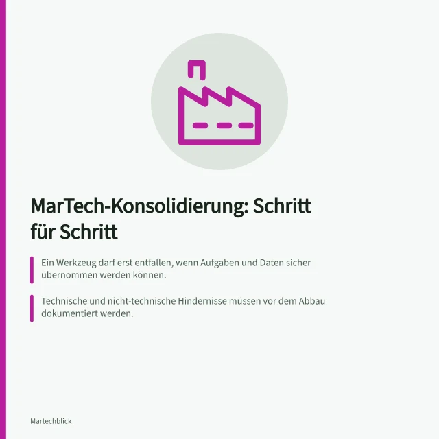 MarTech-Konsolidierung: Schritt für Schritt: Ein Werkzeug darf erst entfallen, wenn Aufgaben und Daten sicher übernommen werden können.; Technische und nicht-technische Hindernisse müssen vor dem Abbau dokumentiert werden.; Nach der Umstellung muss die Wirkung anhand klar definierter Kennzahlen überprüft werden. MarTech-Konsolidierung