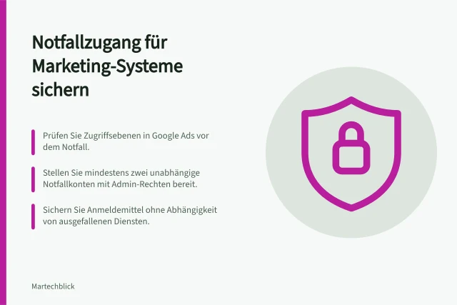 Notfallzugang für Marketing-Systeme sichern: Prüfen Sie Zugriffsebenen in Google Ads vor dem Notfall.; Stellen Sie mindestens zwei unabhängige Notfallkonten mit Admin-Rechten bereit.; Sichern Sie Anmeldemittel ohne Abhängigkeit von ausgefallenen Diensten. Notfallzugang zu wichtigen Marketing-Systemen vorbereiten