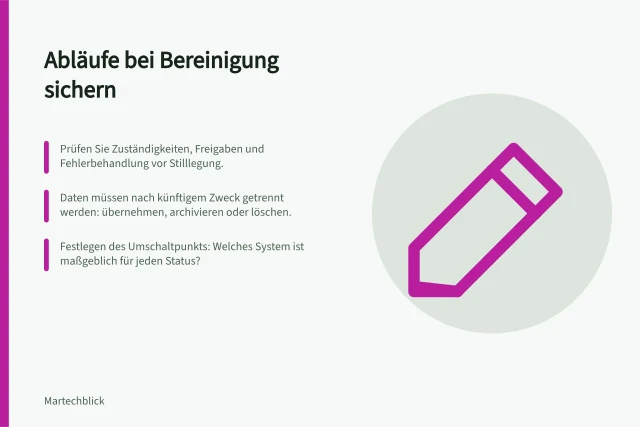 Abläufe bei Bereinigung sichern: Prüfen Sie Zuständigkeiten, Freigaben und Fehlerbehandlung vor Stilllegung.; Daten müssen nach künftigem Zweck getrennt werden: übernehmen, archivieren oder löschen.; Festlegen des Umschaltpunkts: Welches System ist maßgeblich für jeden Status?. Notwendige Abläufe bei einer Bereinigung erhalten