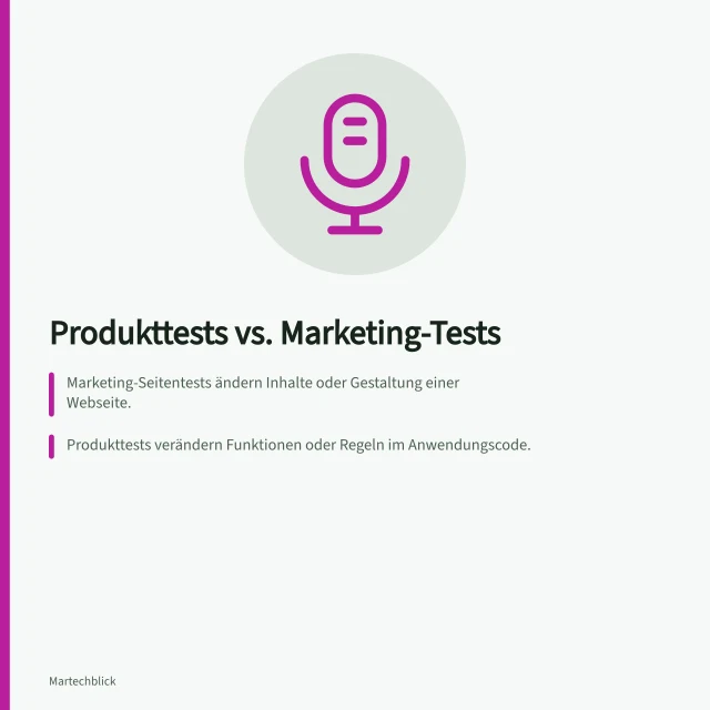 Produkttests vs. Marketing-Tests: Marketing-Seitentests ändern Inhalte oder Gestaltung einer Webseite.; Produkttests verändern Funktionen oder Regeln im Anwendungscode.; Die Kennzahl muss passend zum Ziel und der Änderung gewählt werden. Produkttests und Marketing-Seitentests unterscheiden