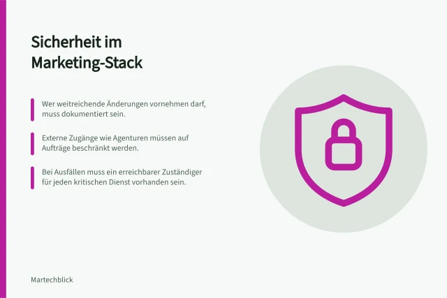 Sicherheit im Marketing-Stack: Wer weitreichende Änderungen vornehmen darf, muss dokumentiert sein.; Externe Zugänge wie Agenturen müssen auf Aufträge beschränkt werden.; Bei Ausfällen muss ein erreichbarer Zuständiger für jeden kritischen Dienst vorhanden sein. Sicherheit im Marketing-Stack