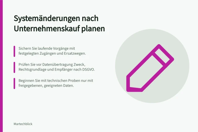 Systemänderungen nach Unternehmenskauf planen: Sichern Sie laufende Vorgänge mit festgelegten Zugängen und Ersatzwegen.; Prüfen Sie vor Datenübertragung Zweck, Rechtsgrundlage und Empfänger nach DSGVO.; Beginnen Sie mit technischen Proben nur mit freigegebenen, geeigneten Daten. Systemänderungen nach einem Unternehmenskauf sicher planen