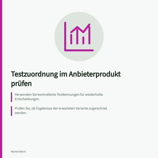 Testzuordnung im Anbieterprodukt prüfen: Verwenden Sie kontrollierte Testkennungen für wiederholte Entscheidungen.; Prüfen Sie, ob Ergebnisse der erwarteten Variante zugerechnet werden.; Stellen Sie sicher, dass Berichte Unsicherheiten und Datenprobleme anzeigen. Testzuordnung und Auswertung im Anbieterprodukt prüfen