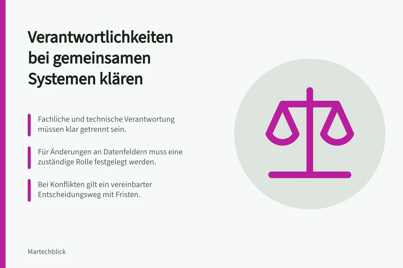 Verantwortlichkeiten bei gemeinsamen Systemen klären: Fachliche und technische Verantwortung müssen klar getrennt sein.; Für Änderungen an Datenfeldern muss eine zuständige Rolle festgelegt werden.; Bei Konflikten gilt ein vereinbarter Entscheidungsweg mit Fristen.