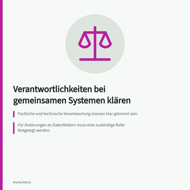 Verantwortlichkeiten bei gemeinsamen Systemen klären: Fachliche und technische Verantwortung müssen klar getrennt sein.; Für Änderungen an Datenfeldern muss eine zuständige Rolle festgelegt werden.; Bei Konflikten gilt ein vereinbarter Entscheidungsweg mit Fristen. Verantwortlichkeiten für gemeinsame Systeme klären