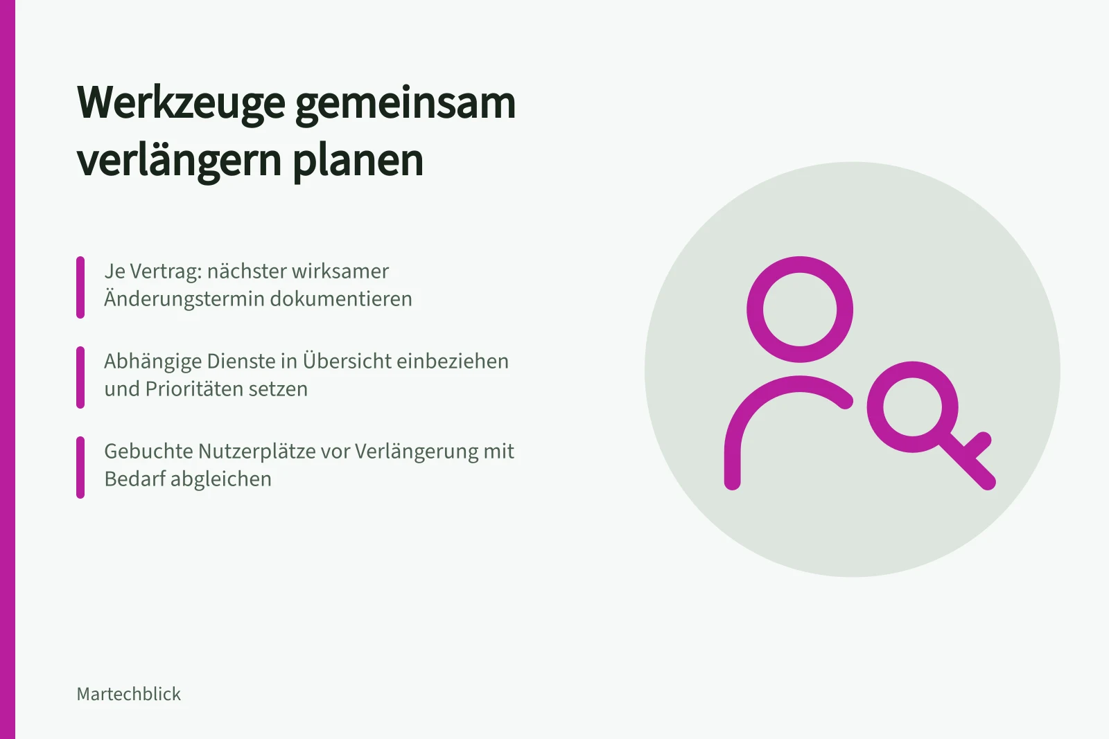 Werkzeuge gemeinsam verlängern planen: Je Vertrag: nächster wirksamer Änderungstermin dokumentieren; Abhängige Dienste in Übersicht einbeziehen und Prioritäten setzen; Gebuchte Nutzerplätze vor Verlängerung mit Bedarf abgleichen