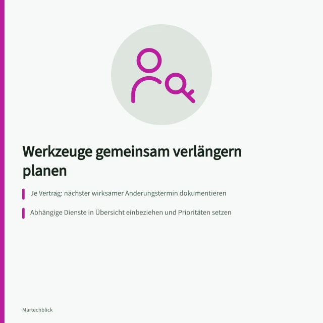 Werkzeuge gemeinsam verlängern planen: Je Vertrag: nächster wirksamer Änderungstermin dokumentieren; Abhängige Dienste in Übersicht einbeziehen und Prioritäten setzen; Gebuchte Nutzerplätze vor Verlängerung mit Bedarf abgleichen. Verlängerungen mehrerer Werkzeuge gemeinsam planen
